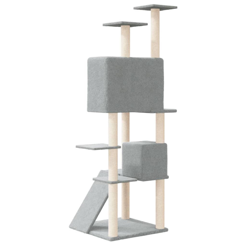 Cat house with sisal rope and scratching post, light grey, 153 cm