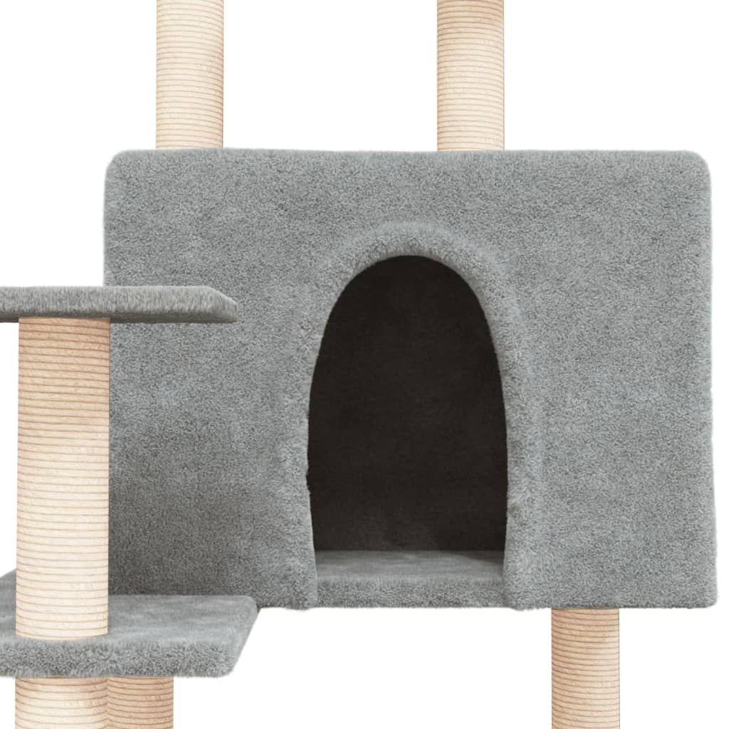 Cat house with sisal rope and scratching post, light grey, 153 cm