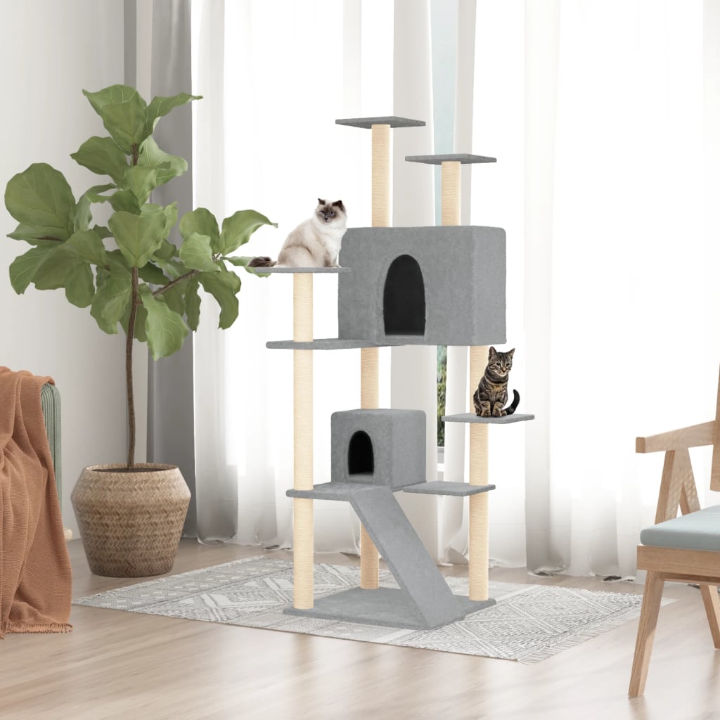 Cat house with sisal rope and scratching post, light grey, 153 cm