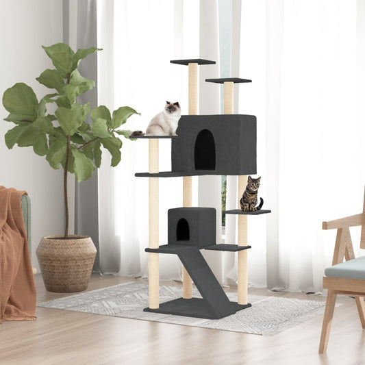 Cat house with sisal rope and scratching post, dark grey, 153 cm