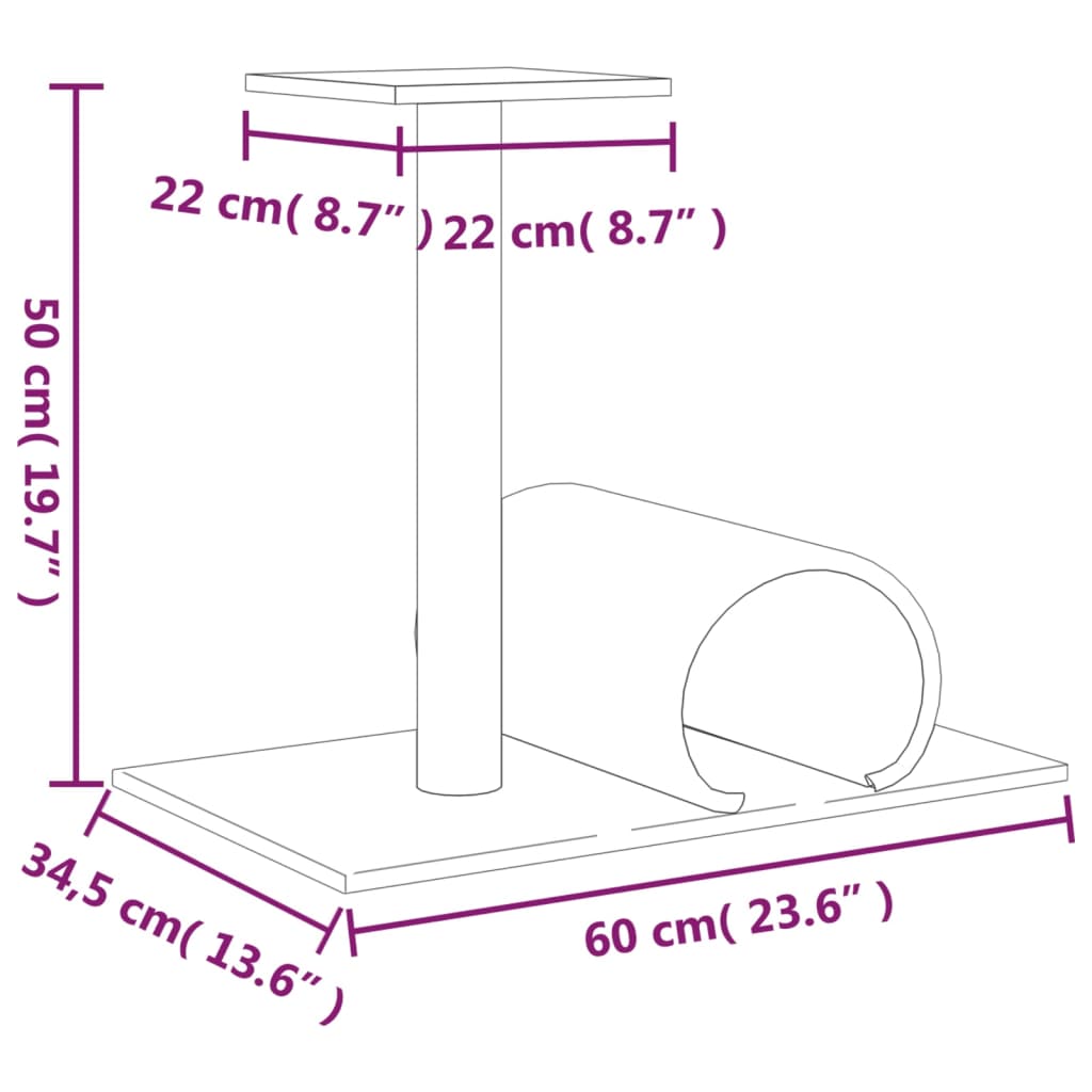 Cat scratching post with tunnel, light grey, 60 x 34.5 x 50 cm