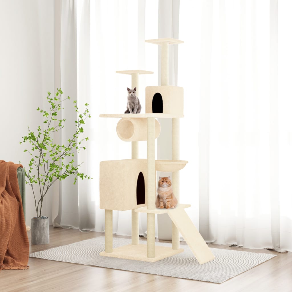 Cat house with sisal rope and scratching post, cream, 168 cm