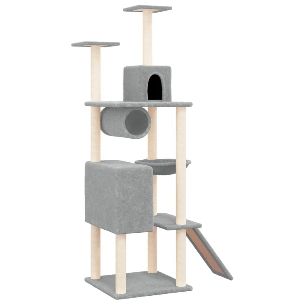 Cat house with sisal rope and scratching post, light grey, 168 cm