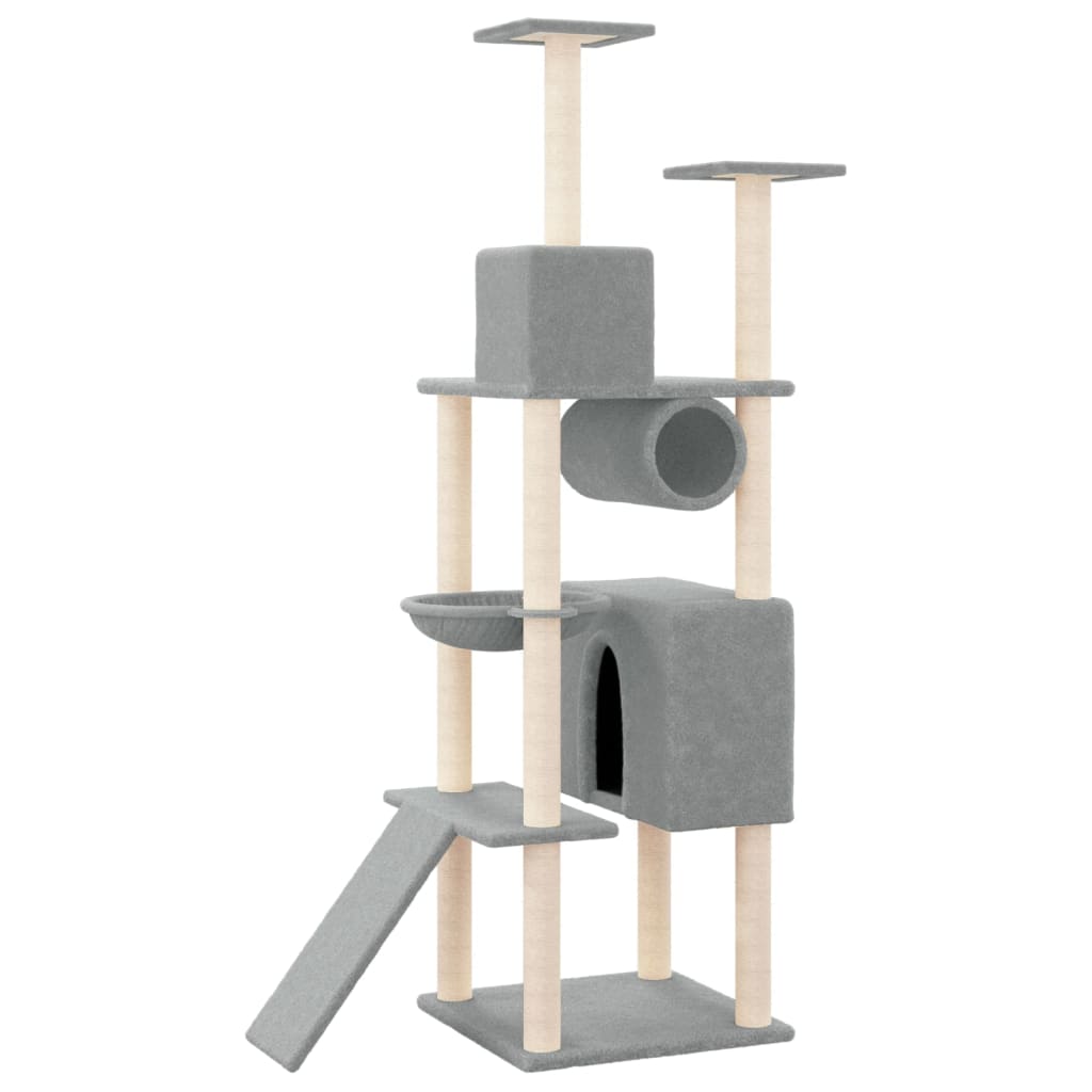 Cat house with sisal rope and scratching post, light grey, 168 cm