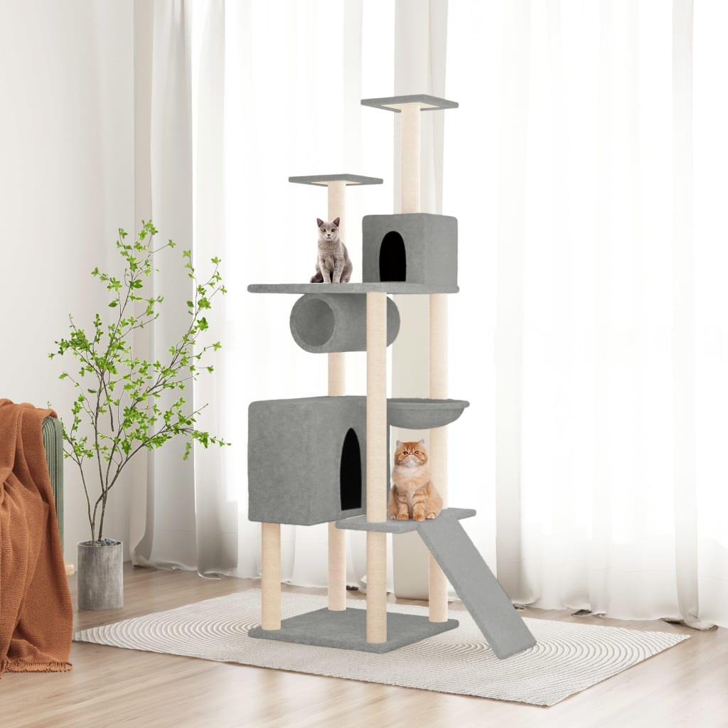 Cat house with sisal rope and scratching post, light grey, 168 cm