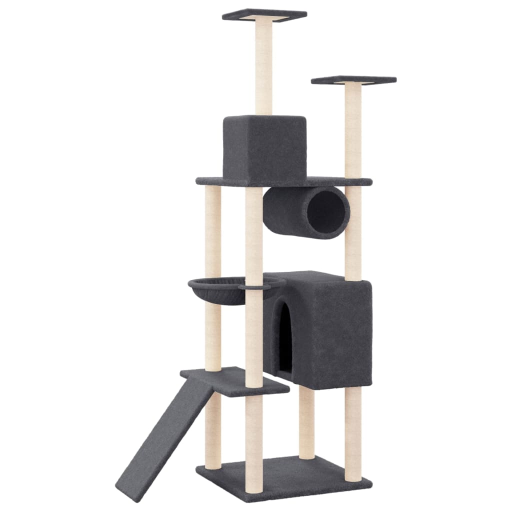 Cat house with sisal rope and scratching post, dark grey, 168 cm