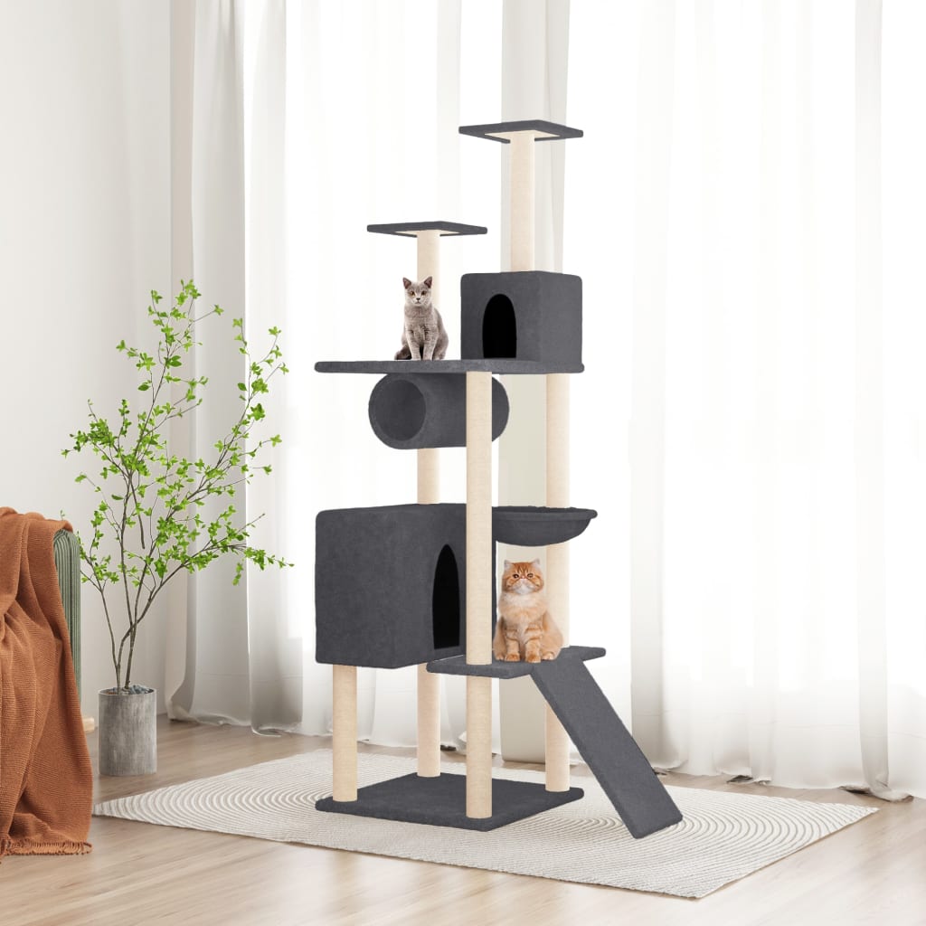 Cat house with sisal rope and scratching post, dark grey, 168 cm