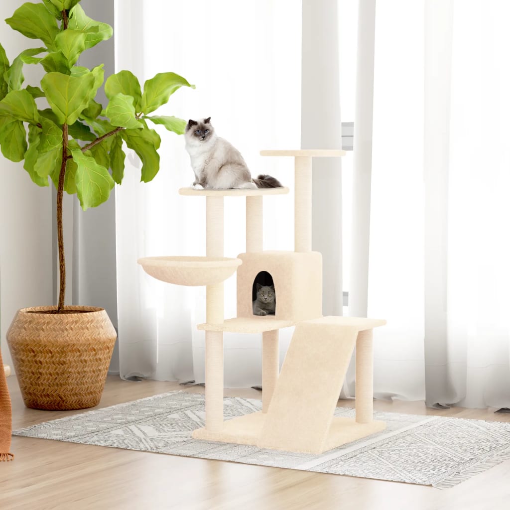 Cat house with sisal rope and scratching post, cream, 94 cm