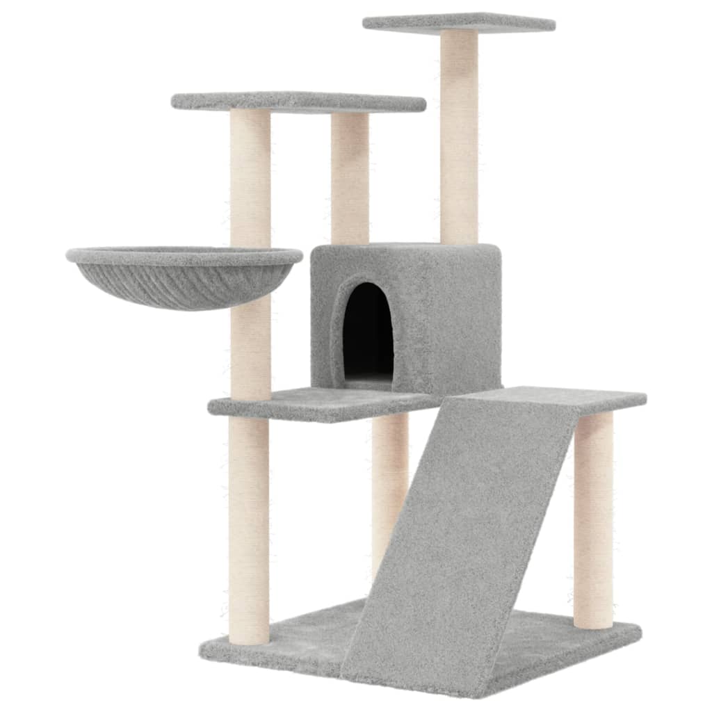 Cat house with sisal rope and scratching post, light grey, 94 cm