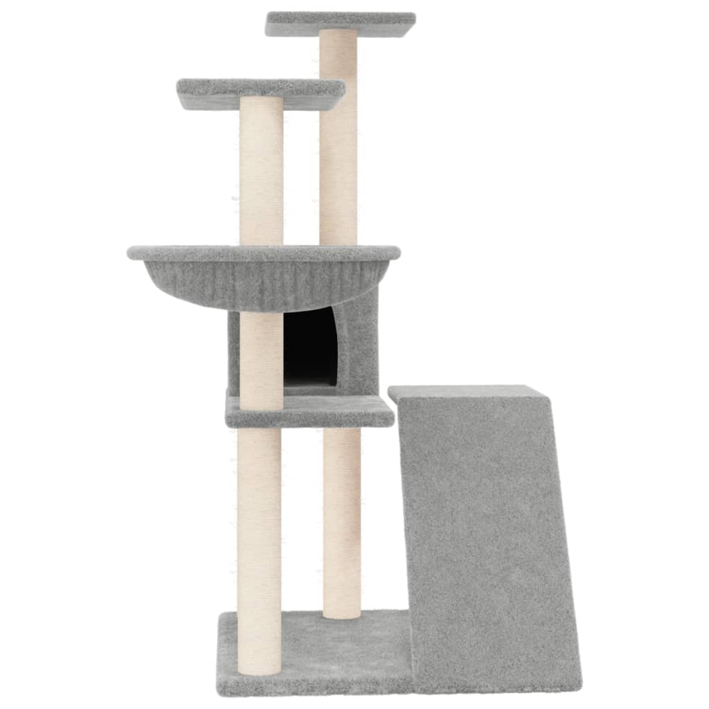 Cat house with sisal rope and scratching post, light grey, 94 cm