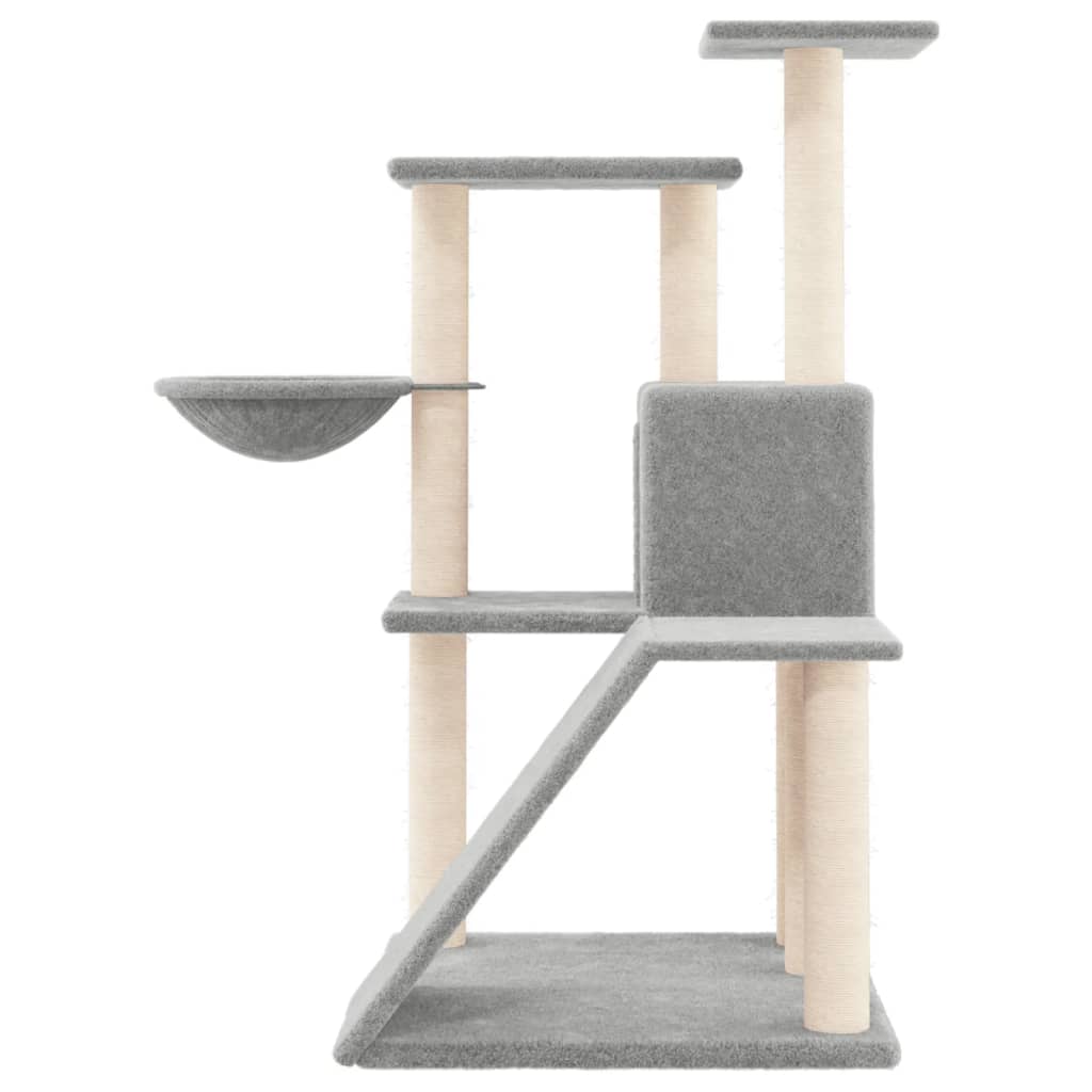 Cat house with sisal rope and scratching post, light grey, 94 cm