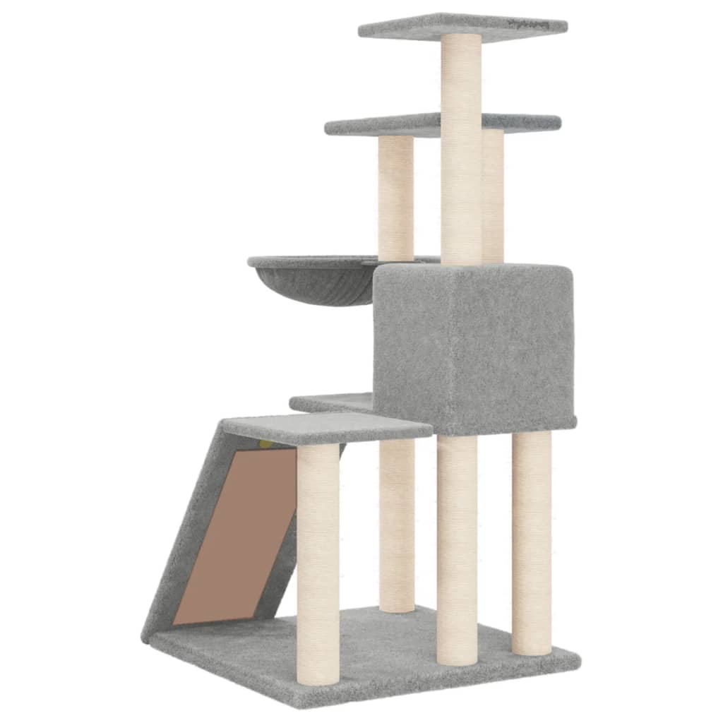 Cat house with sisal rope and scratching post, light grey, 94 cm