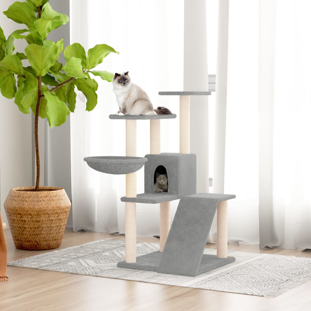 Cat house with sisal rope and scratching post, light grey, 94 cm