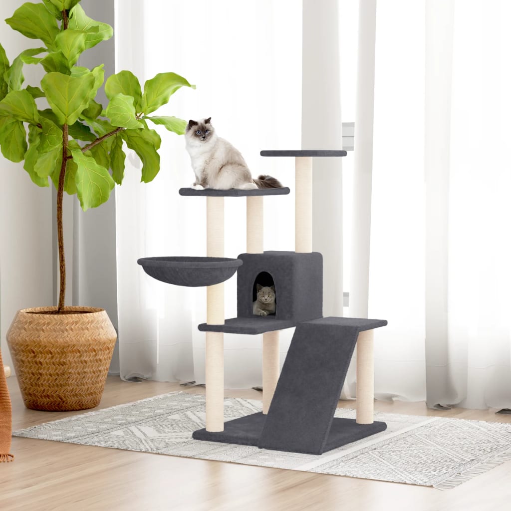 Cat house with sisal rope and scratching post, dark grey, 94 cm