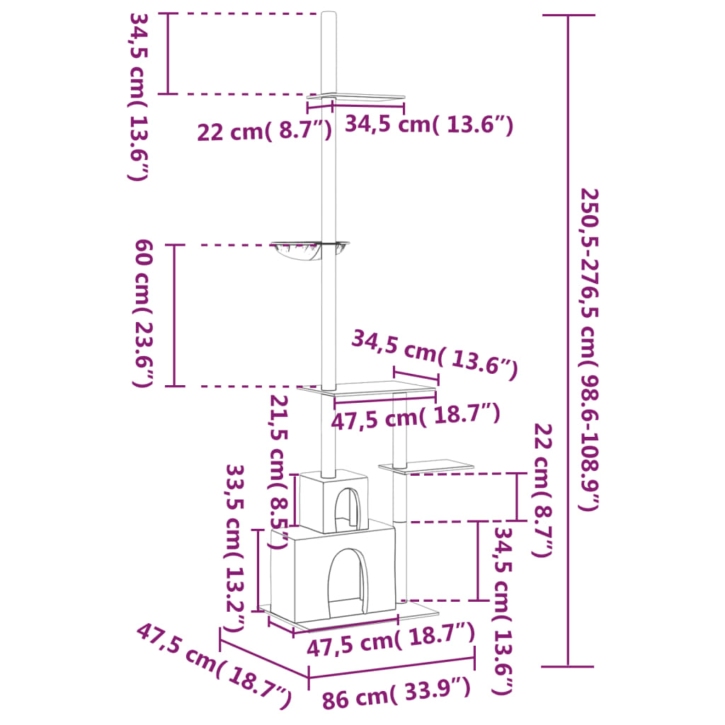 põrandast laeni kassi kraapimispuu, kreemjas, 250,5 - 276,5 cm