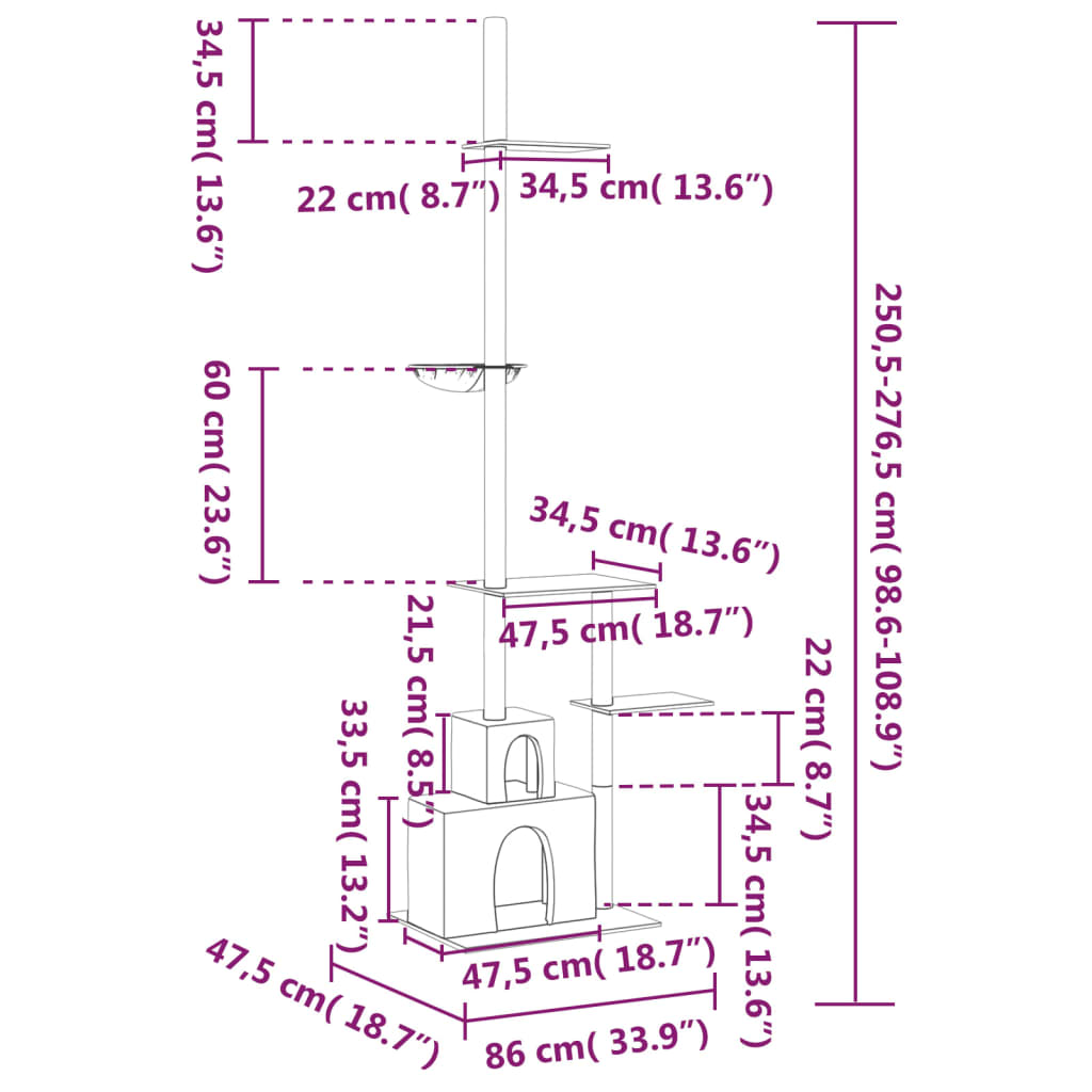 põrandast laeni kassi kraapimispuu, helehall, 250,5 - 276,5 cm