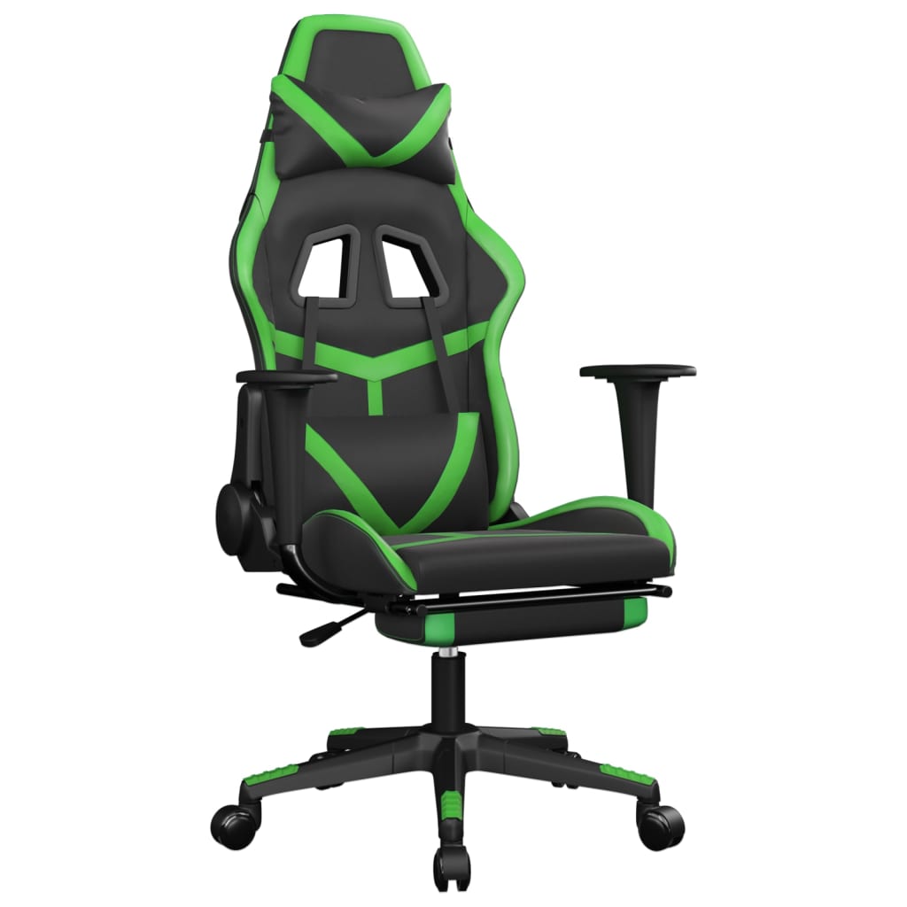 gaming chair with footrest, black and green, faux leather