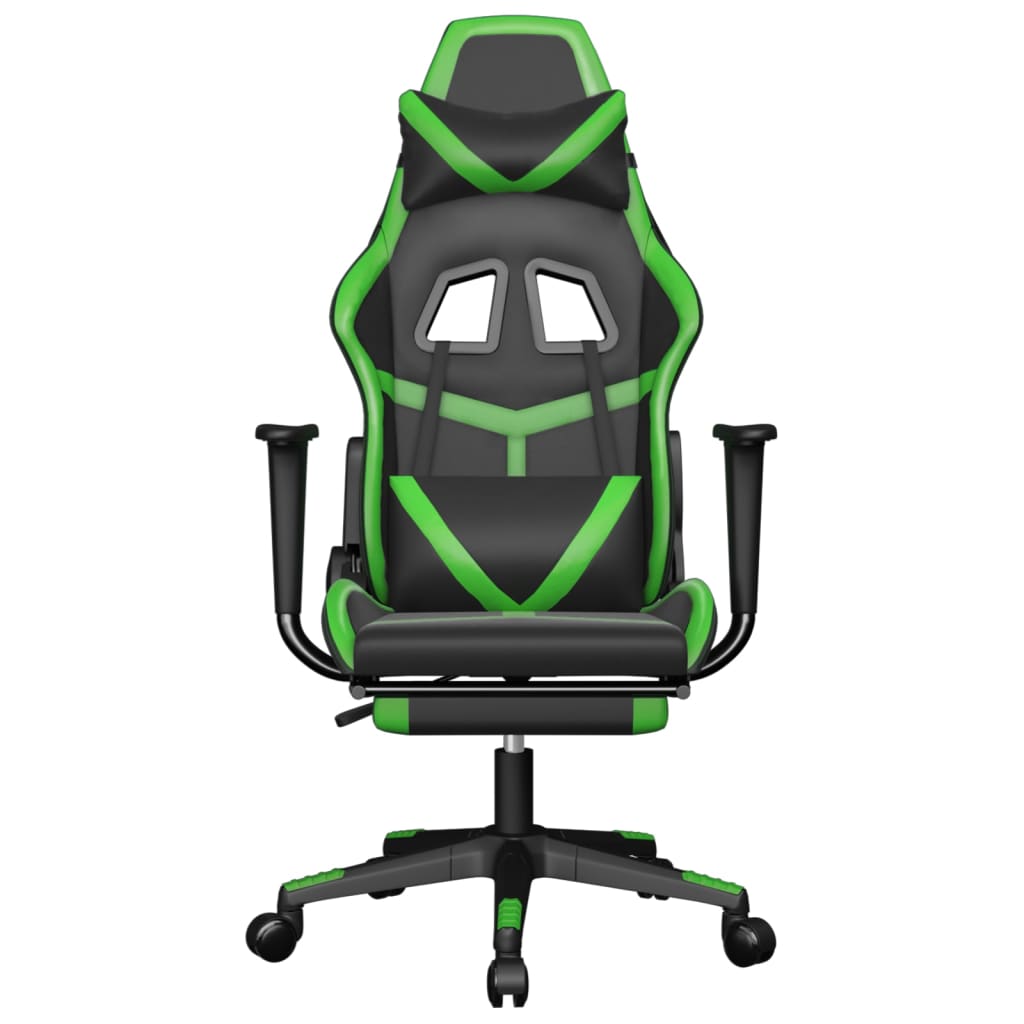 gaming chair with footrest, black and green, faux leather