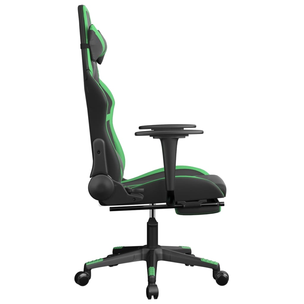 gaming chair with footrest, black and green, faux leather