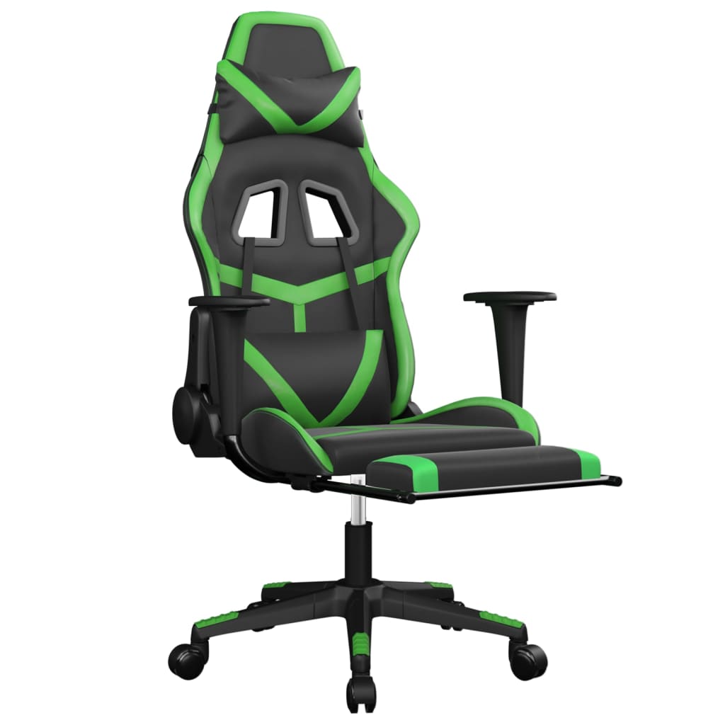 gaming chair with footrest, black and green, faux leather