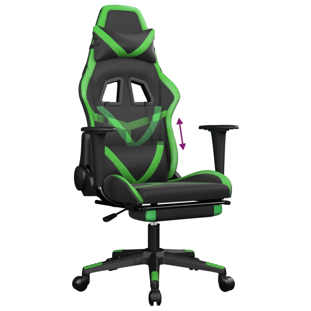 gaming chair with footrest, black and green, faux leather