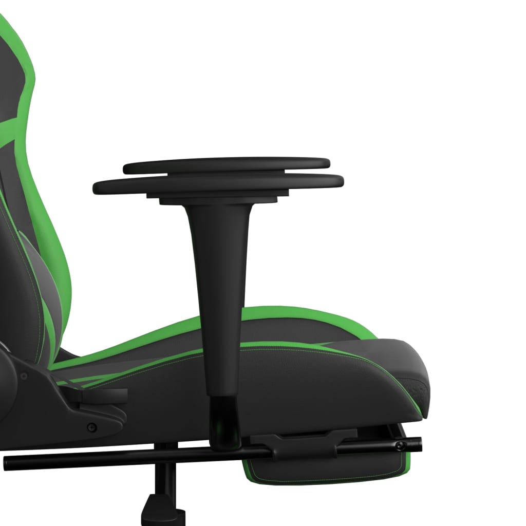 gaming chair with footrest, black and green, faux leather