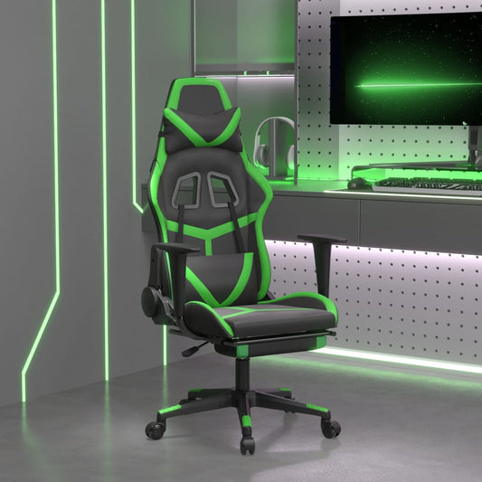 gaming chair with footrest, black and green, faux leather