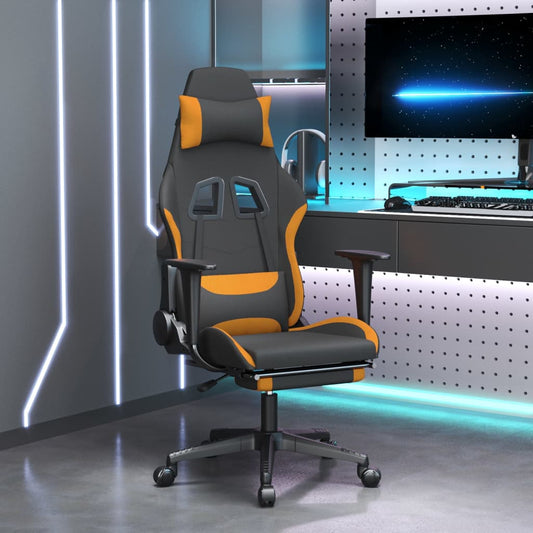 gaming chair with footrest, black and orange, faux leather