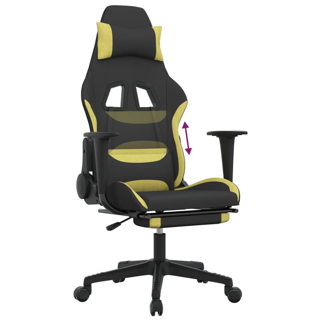 gaming chair with footrest, black and light green, fabric