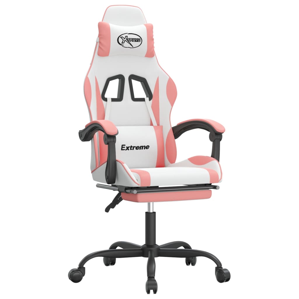 gaming chair with footrest, white and pink, faux leather