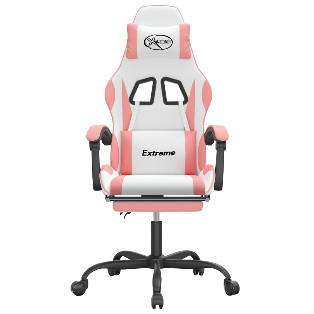 gaming chair with footrest, white and pink, faux leather