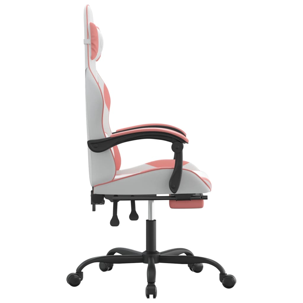 gaming chair with footrest, white and pink, faux leather