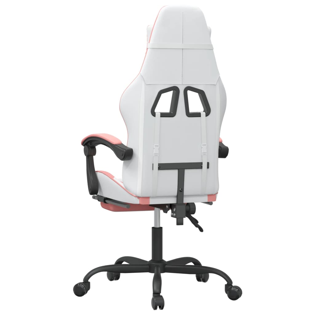 gaming chair with footrest, white and pink, faux leather