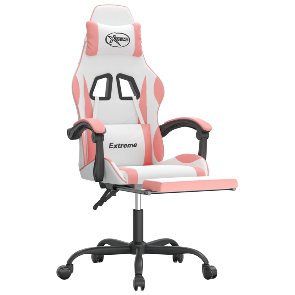 gaming chair with footrest, white and pink, faux leather