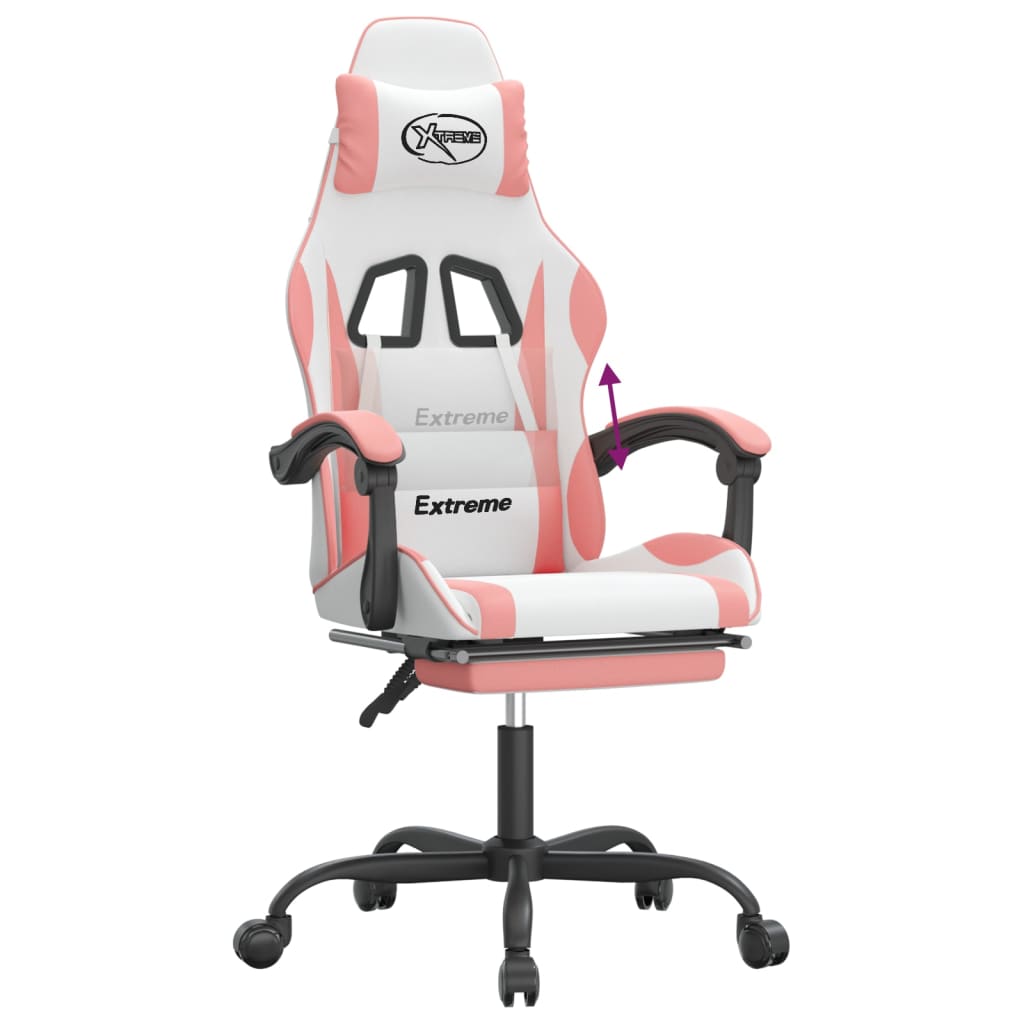 gaming chair with footrest, white and pink, faux leather