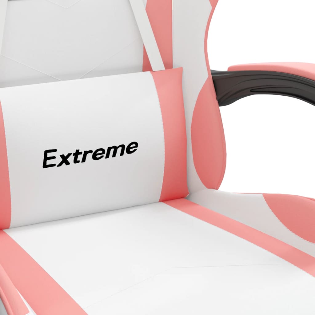 gaming chair with footrest, white and pink, faux leather