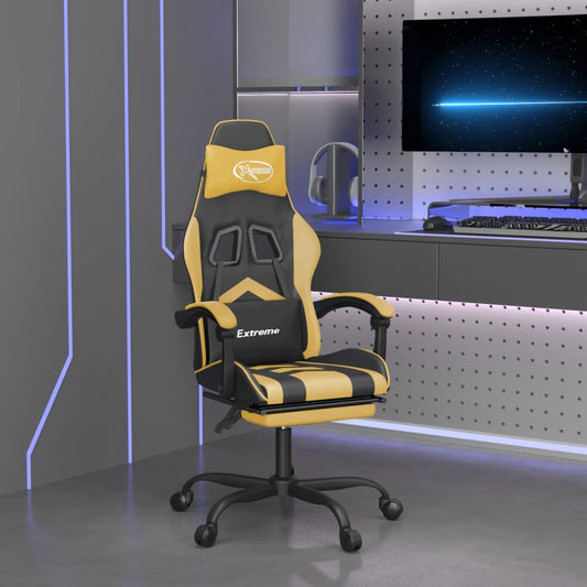 gaming chair with footrest, black and gold, faux leather