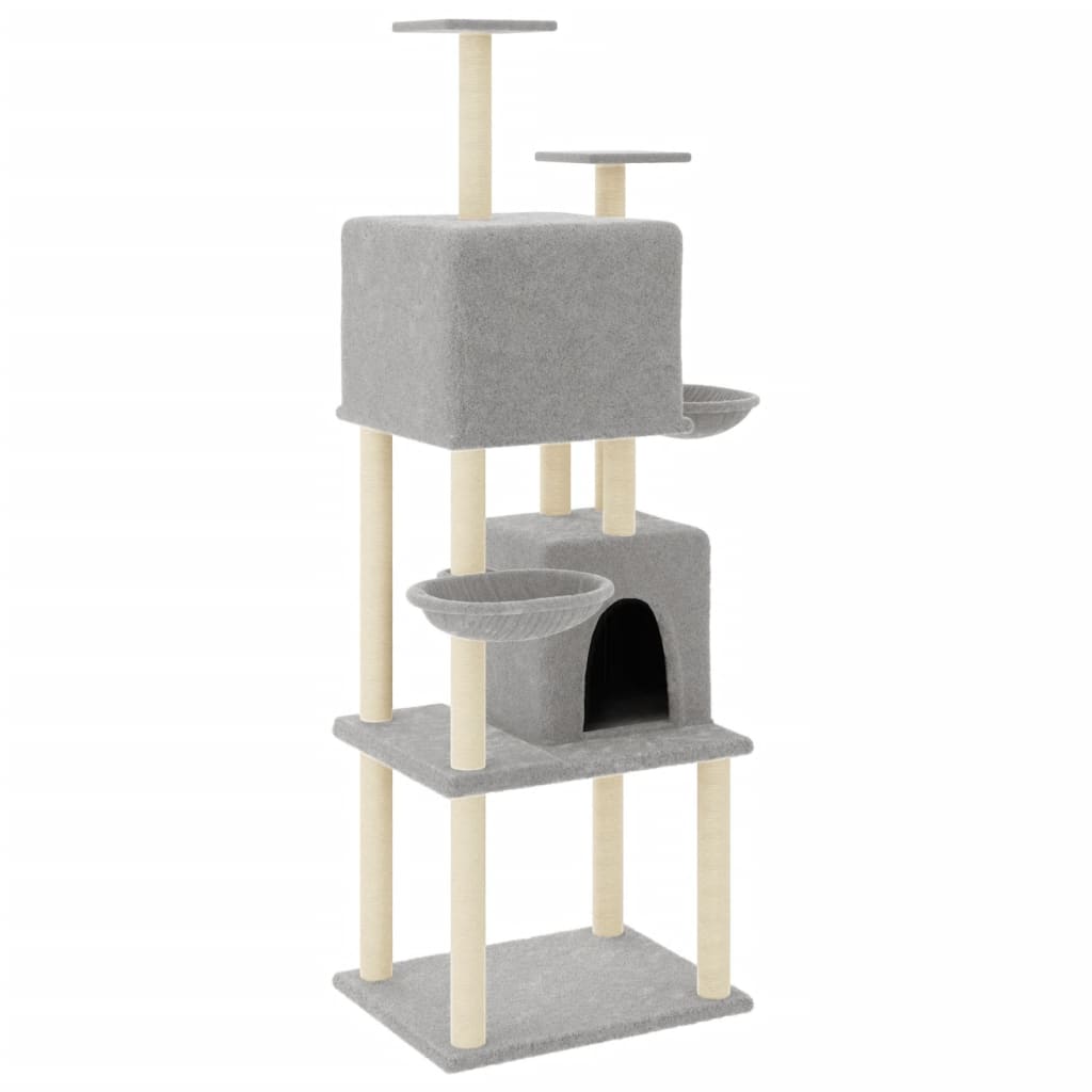 Cat house with sisal rope and scratching post, light grey, 180 cm