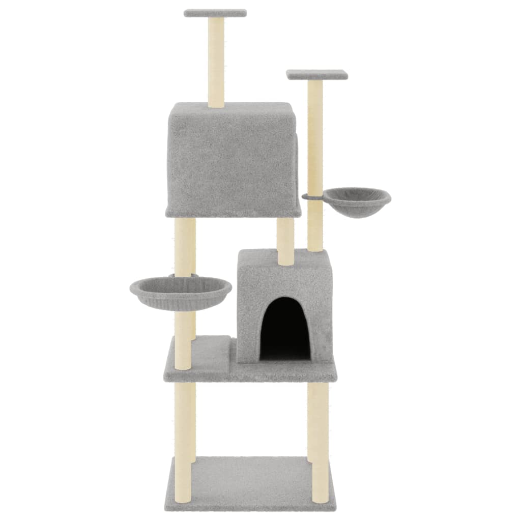 Cat house with sisal rope and scratching post, light grey, 180 cm