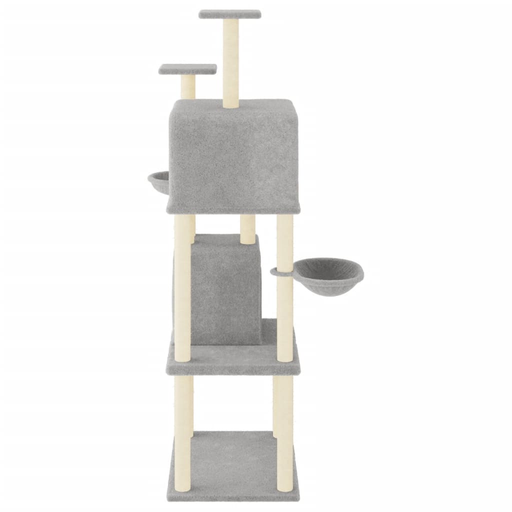 Cat house with sisal rope and scratching post, light grey, 180 cm