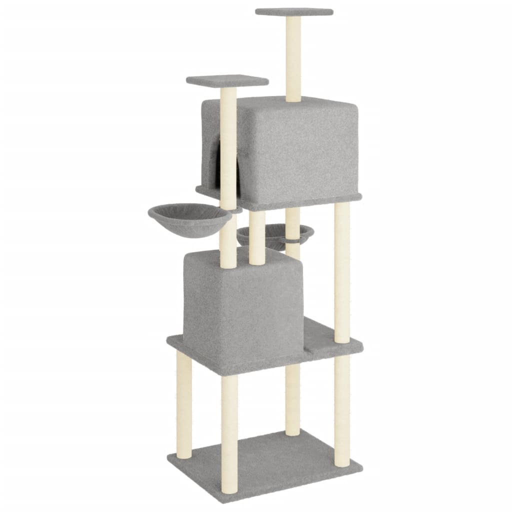 Cat house with sisal rope and scratching post, light grey, 180 cm