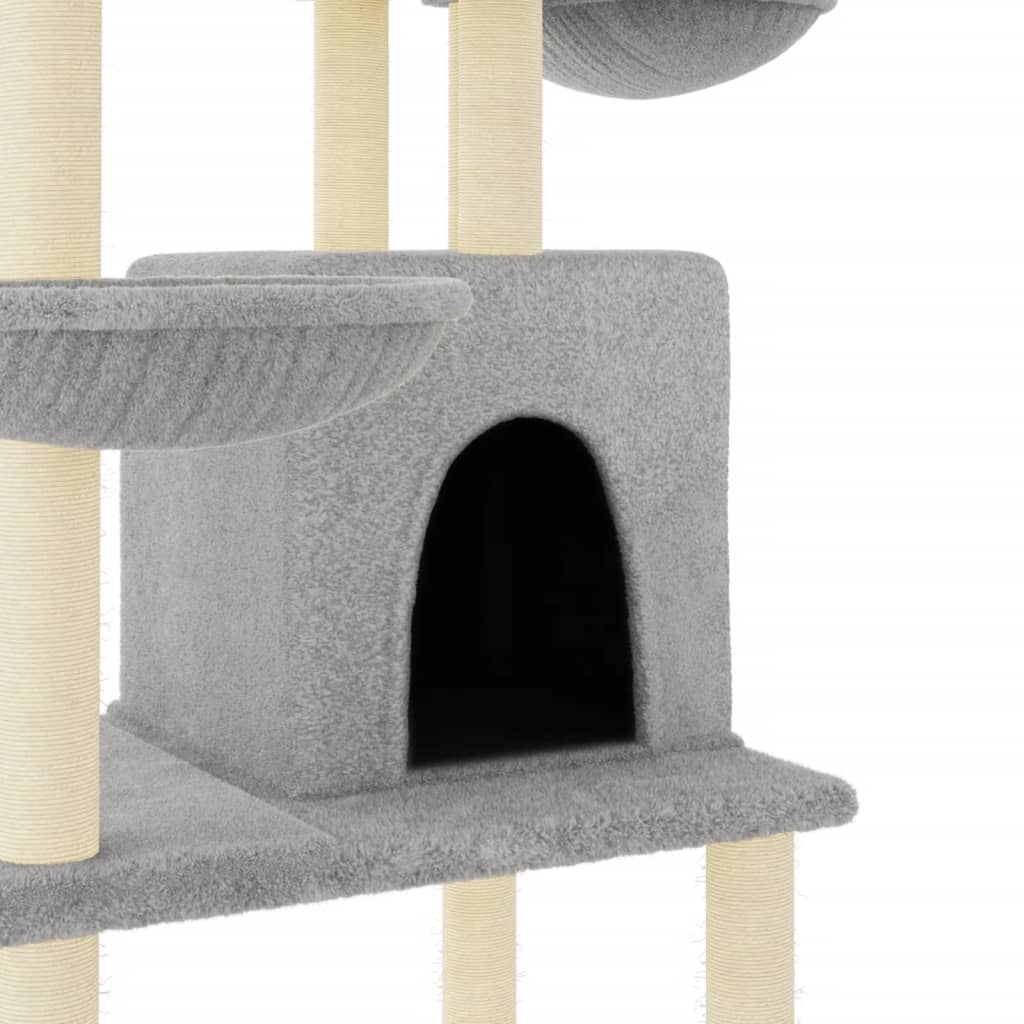 Cat house with sisal rope and scratching post, light grey, 180 cm