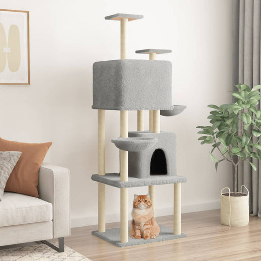 Cat house with sisal rope and scratching post, light grey, 180 cm