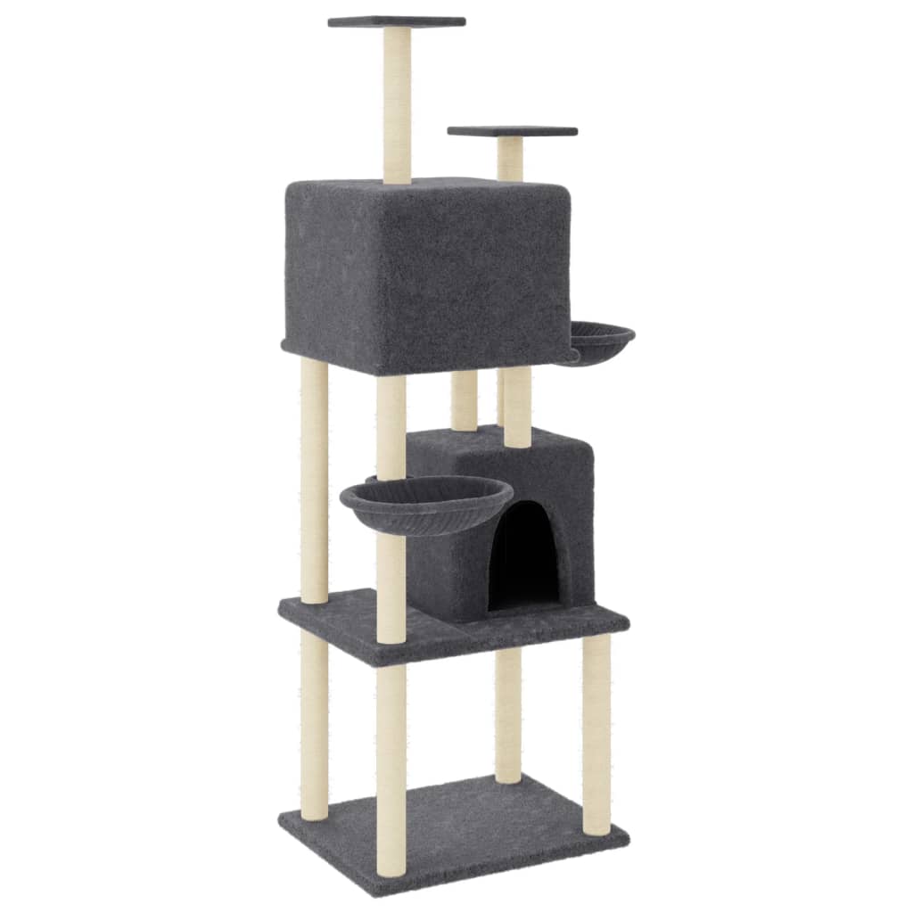 Cat house with sisal rope scratching post, dark grey, 180 cm