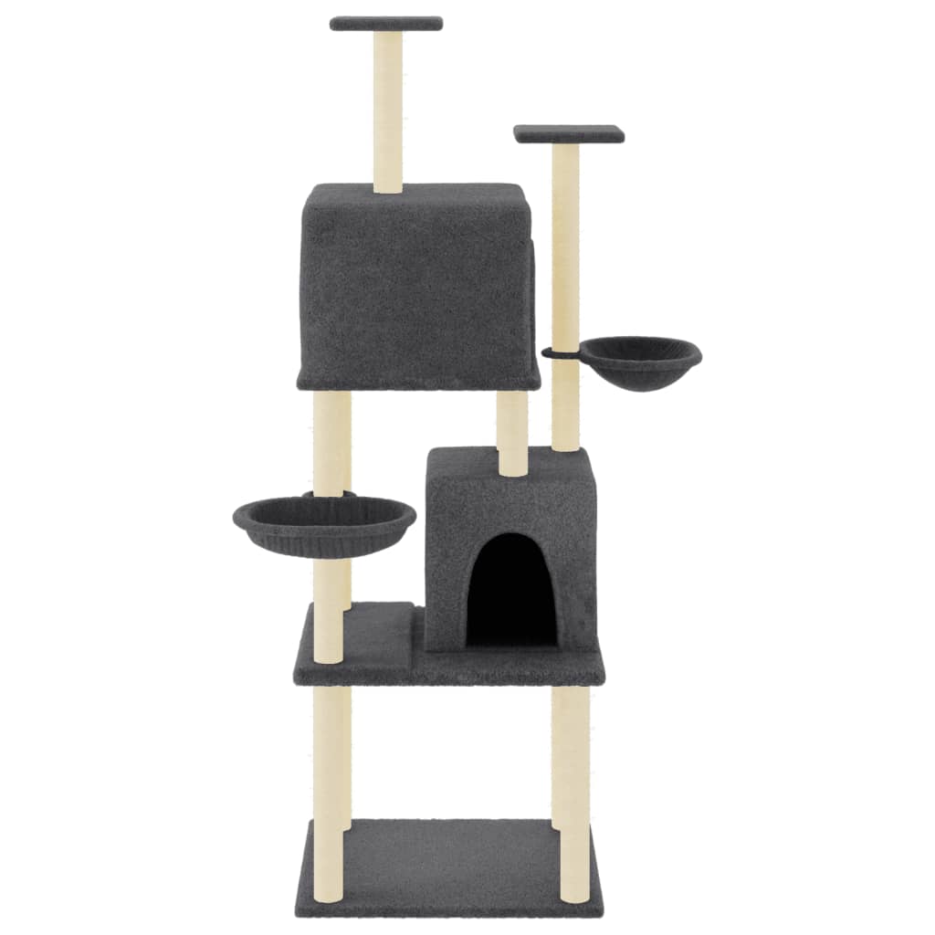 Cat house with sisal rope scratching post, dark grey, 180 cm