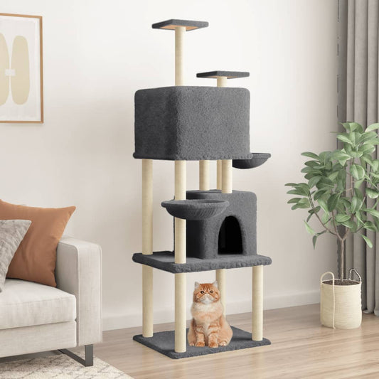 Cat house with sisal rope scratching post, dark grey, 180 cm