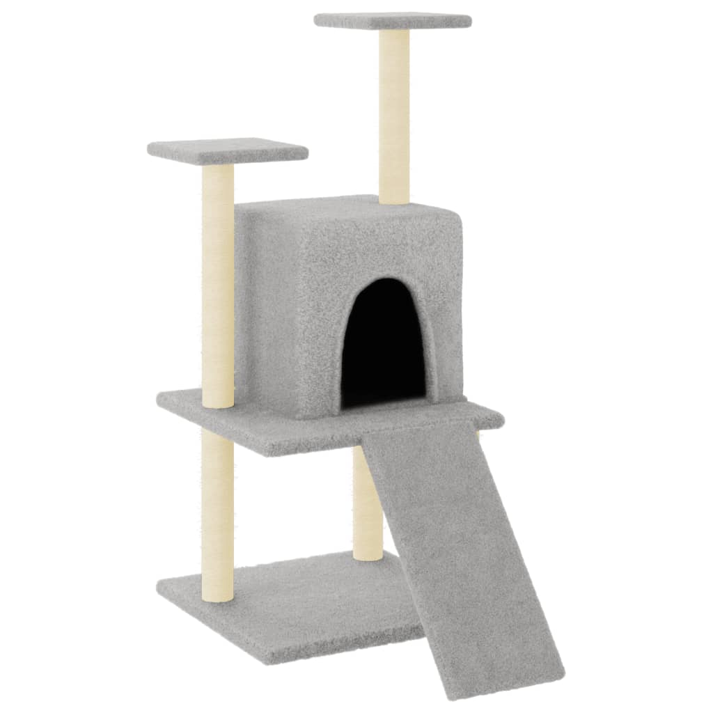 Cat house with sisal rope and scratching post, light grey, 110 cm