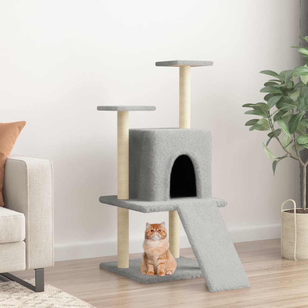 Cat house with sisal rope and scratching post, light grey, 110 cm