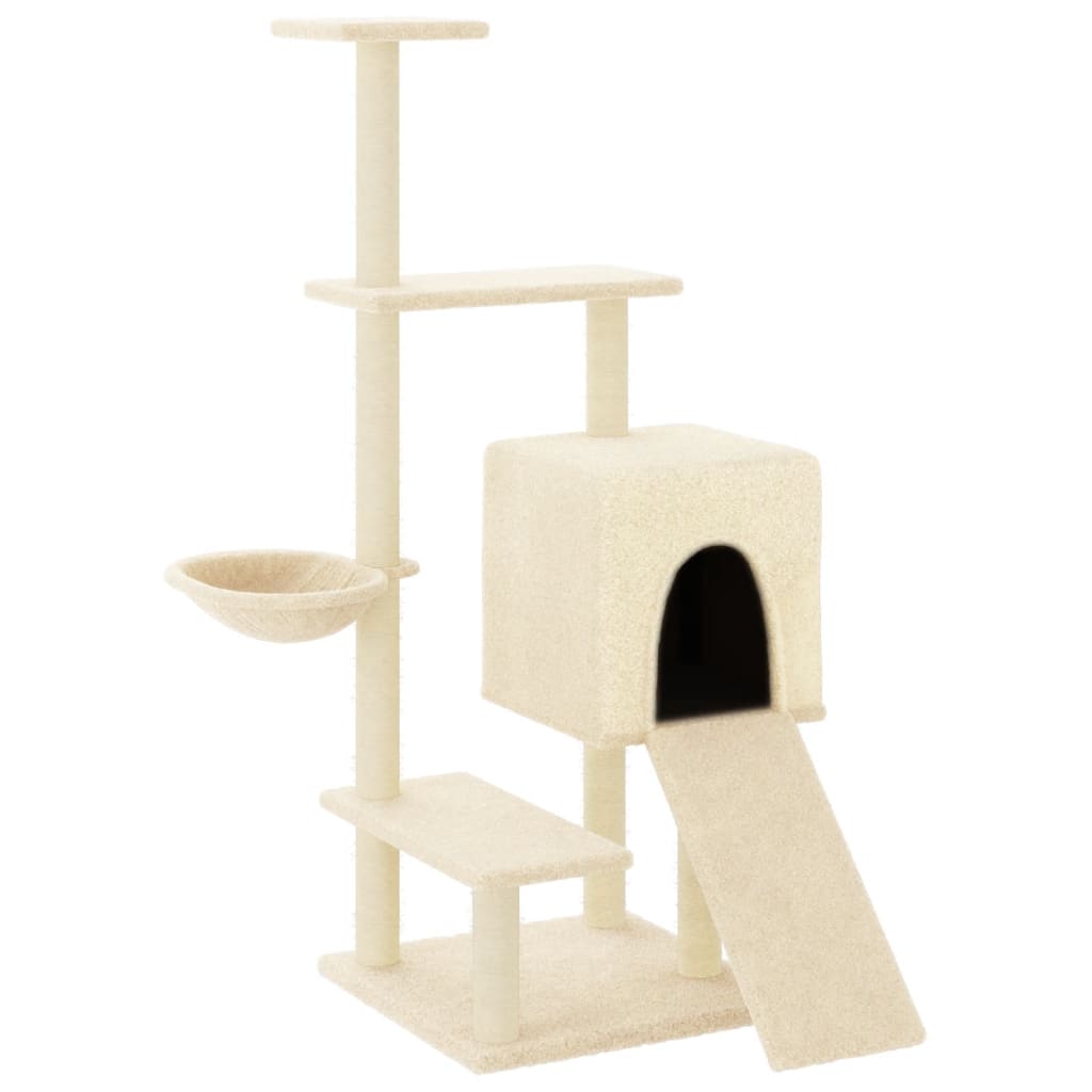 Cat house with sisal rope scratching post, cream, 130.5 cm