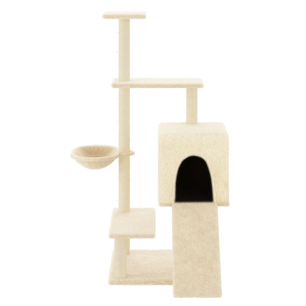 Cat house with sisal rope scratching post, cream, 130.5 cm